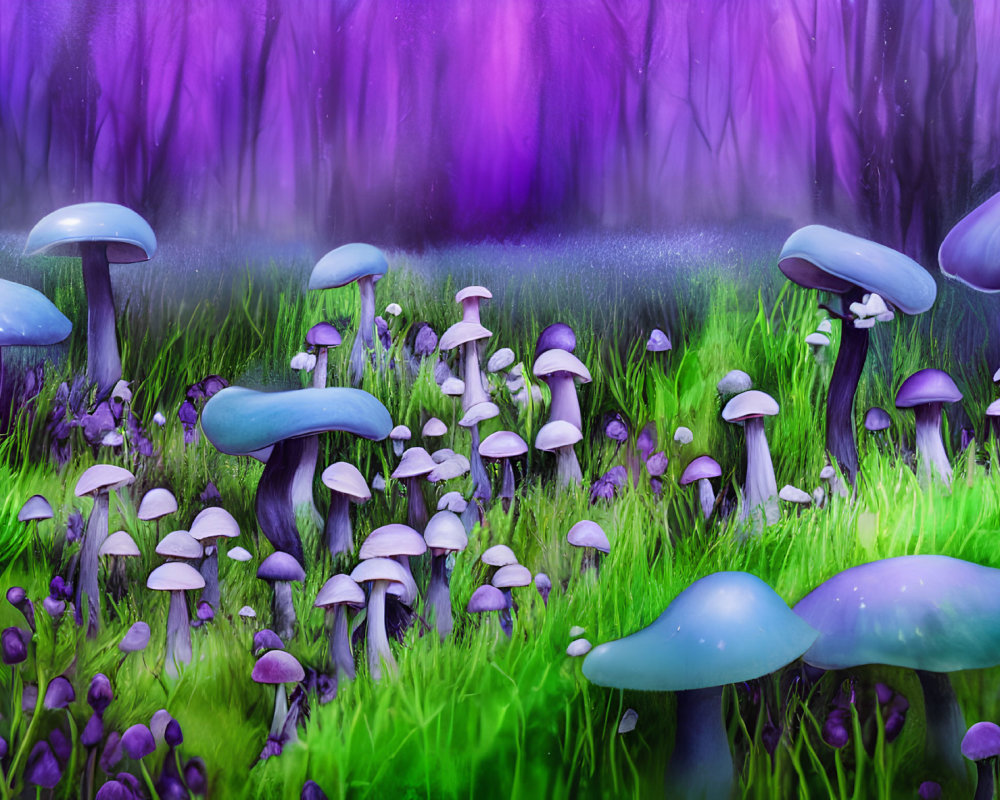 Fantastical forest floor with lush blue mushrooms, green moss, and purple flora under ethereal haze