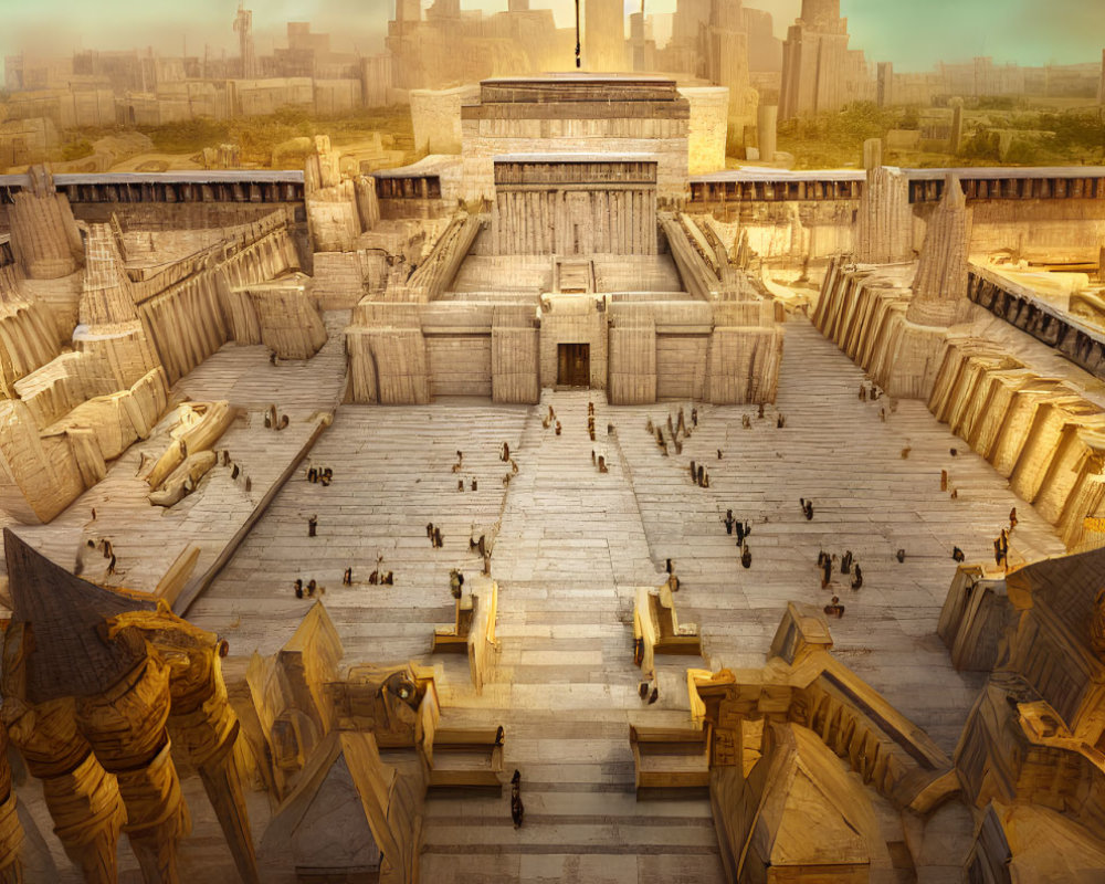 Ancient Egyptian temple complex with grand columns and people under golden sky