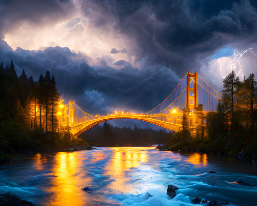 Suspension bridge under stormy sky with lightning over river and forests