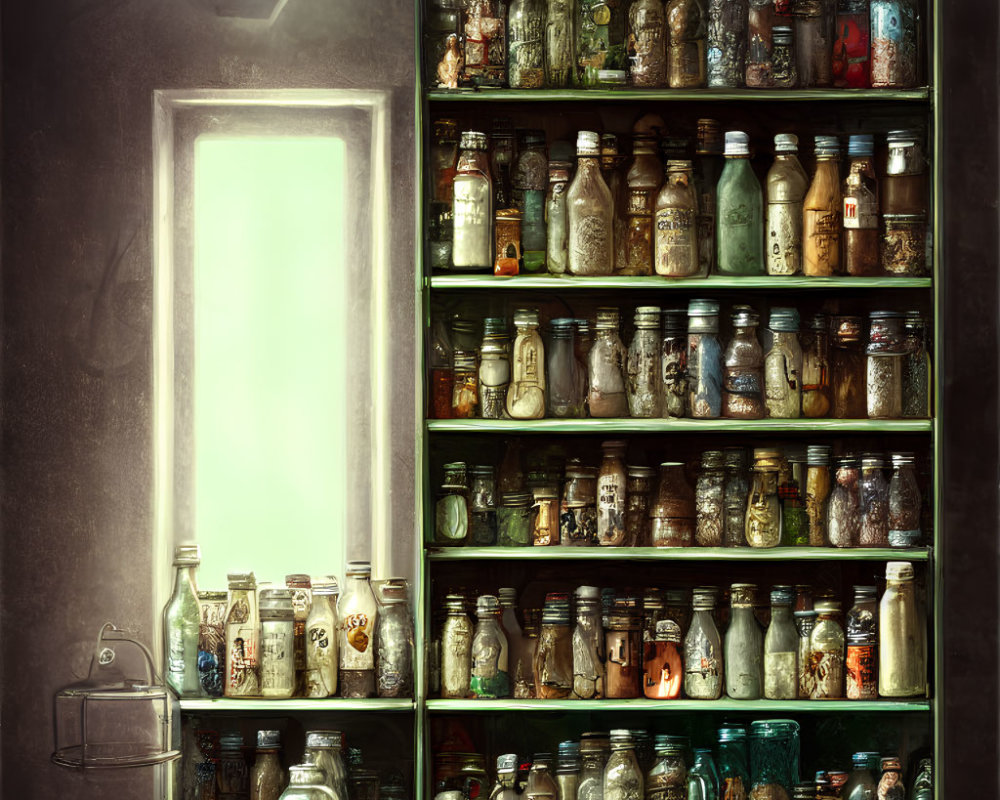 Dimly Lit Room with Dusty Glass Jars and Open Door