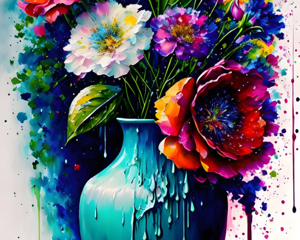 Colorful Flower Bouquet Painting in Blue Vase on Bright Background