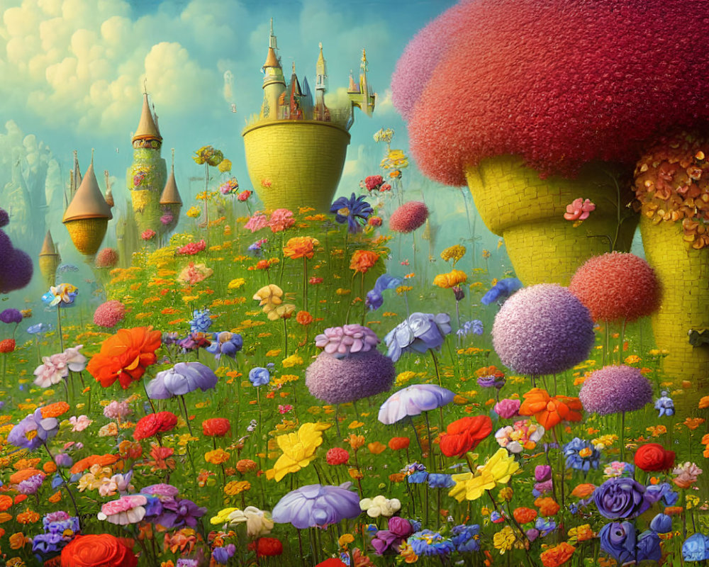 Fantasy landscape with whimsical towers and oversized flowers