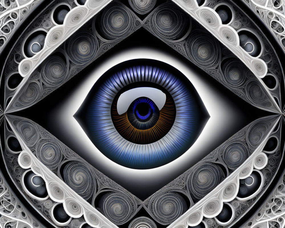 Detailed digital artwork: Eye surrounded by black and white fractal patterns