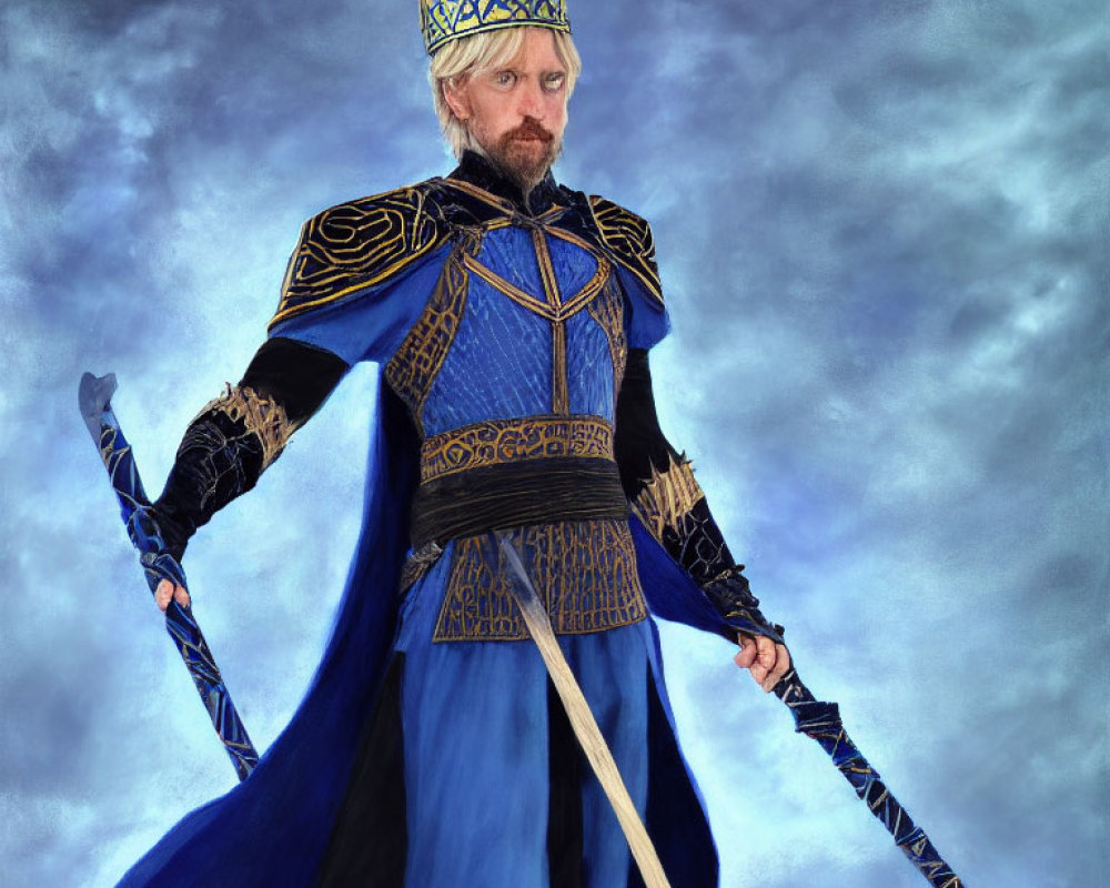 Medieval King in Blue and Gold Outfit with Sword