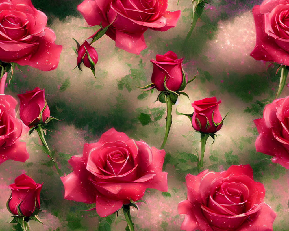 Vibrant red roses with dewdrops on petals on misty green and pink background