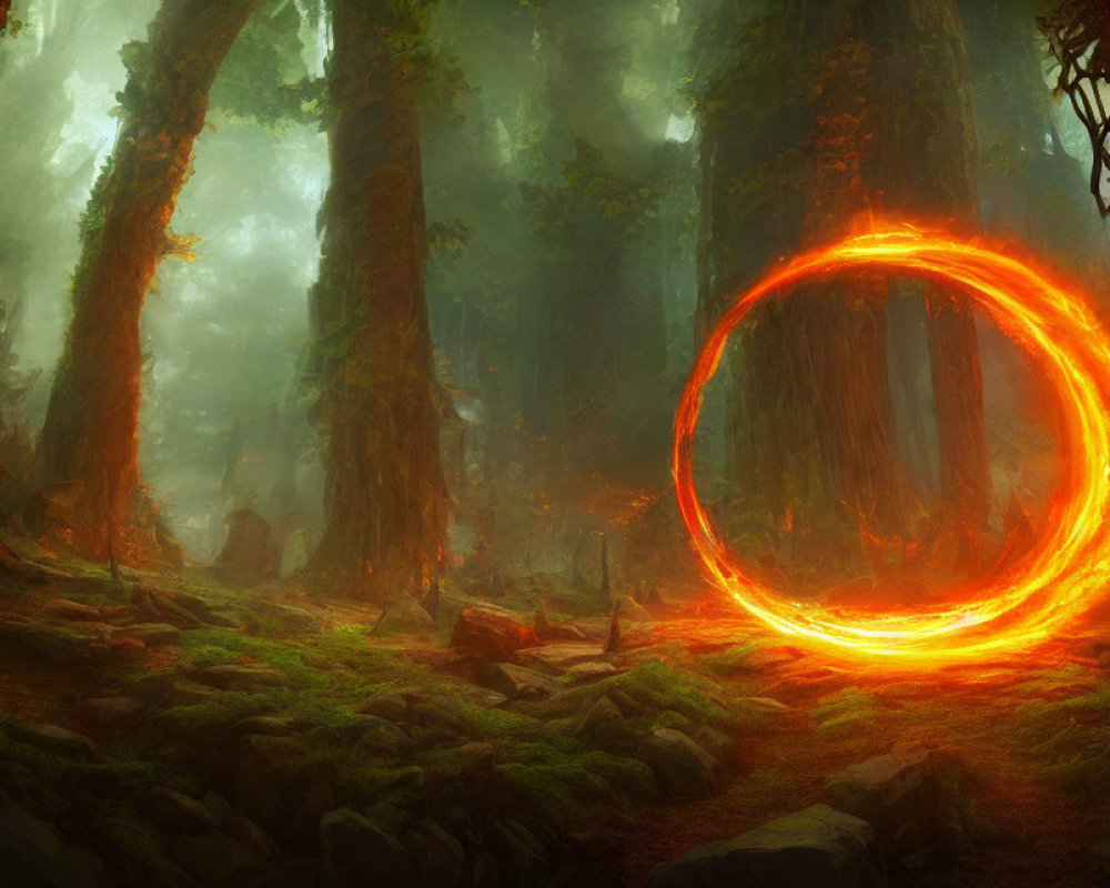 Mystical forest scene with tall trees, fog, and fiery orange portal