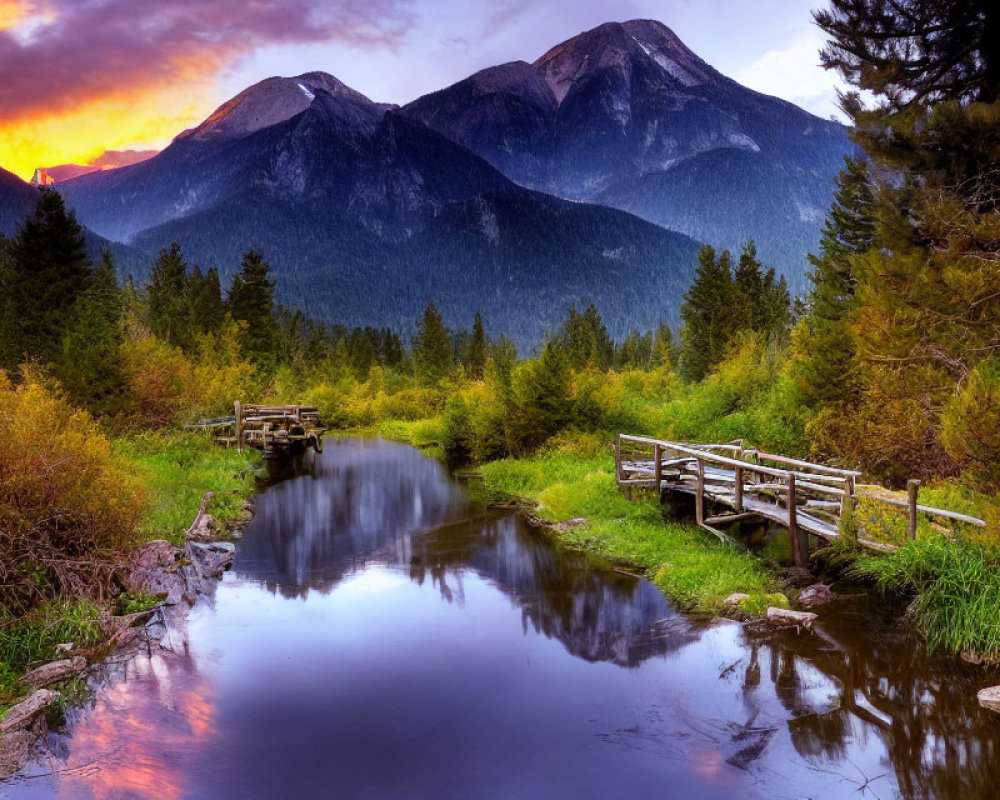 Tranquil landscape with wooden bridge, stream, greenery, mountains, sunset