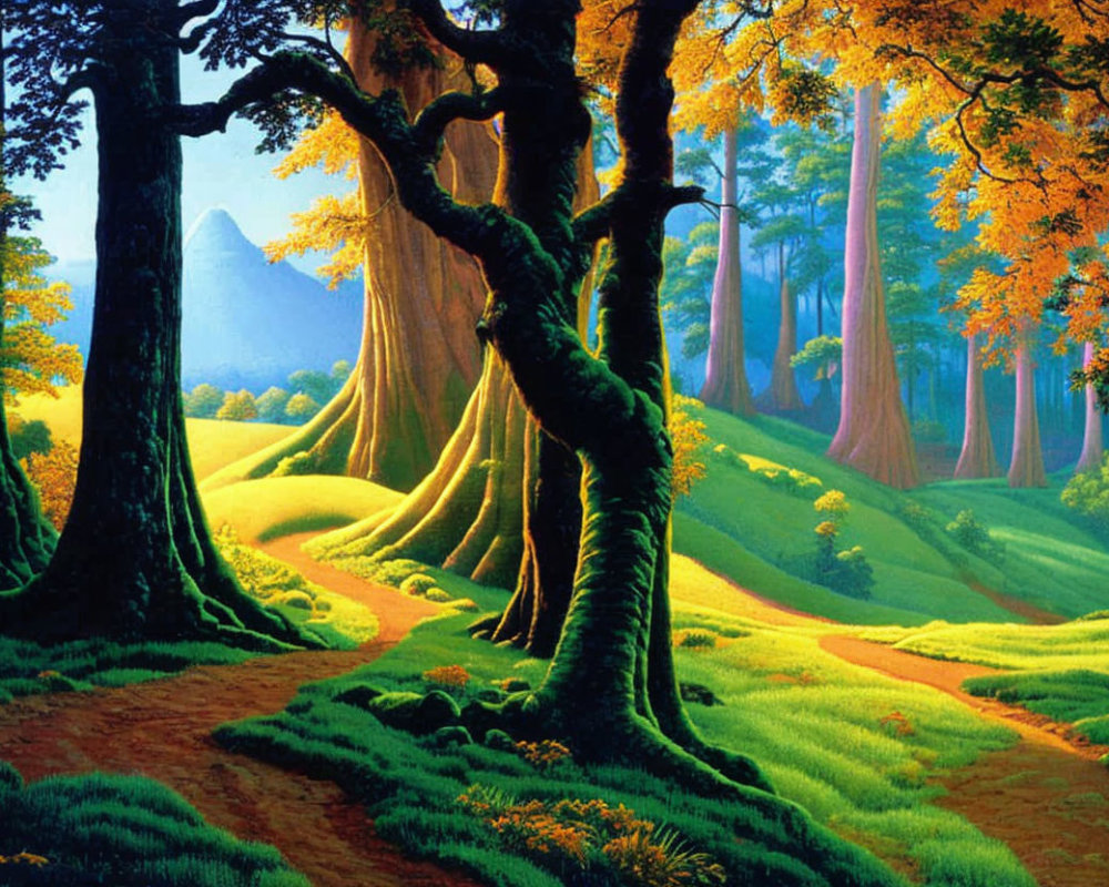 Lush forest painting with towering trees and sunlight piercing through the canopy