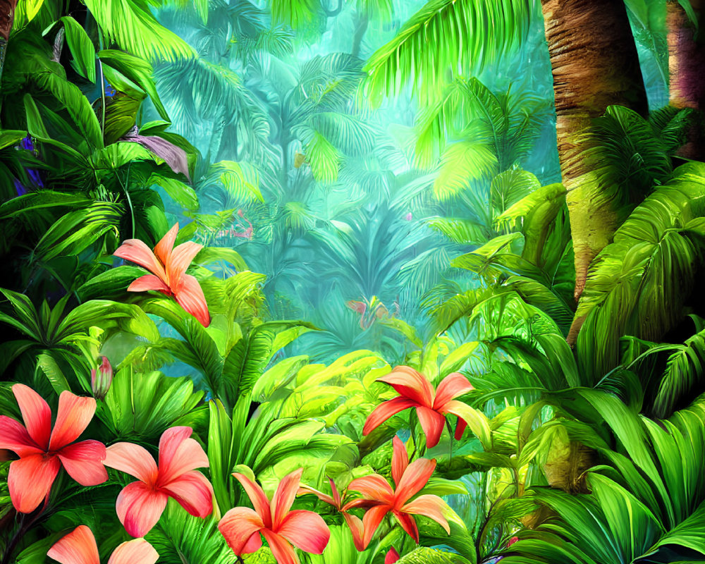 Lush Jungle Scene with Green Foliage and Pink Hibiscus Flowers