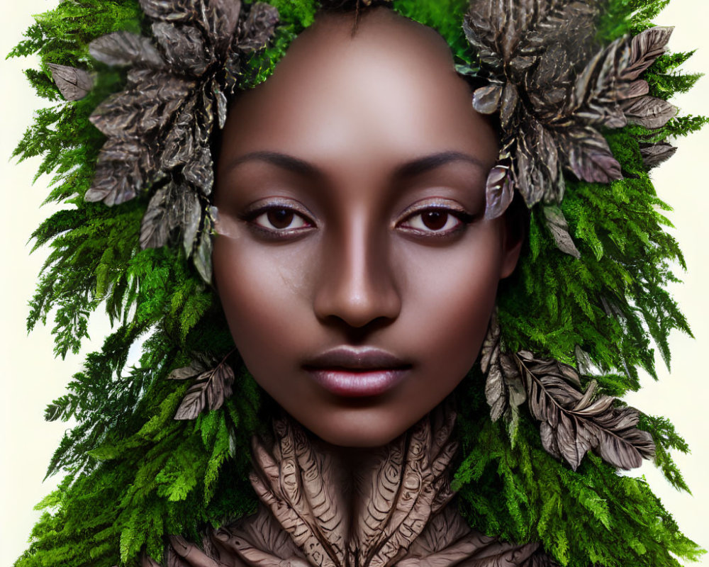 Person wearing foliage and branch headdress on neutral background