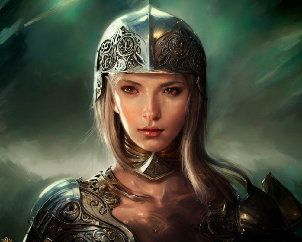 Digital art of female warrior in silver armor and helmet