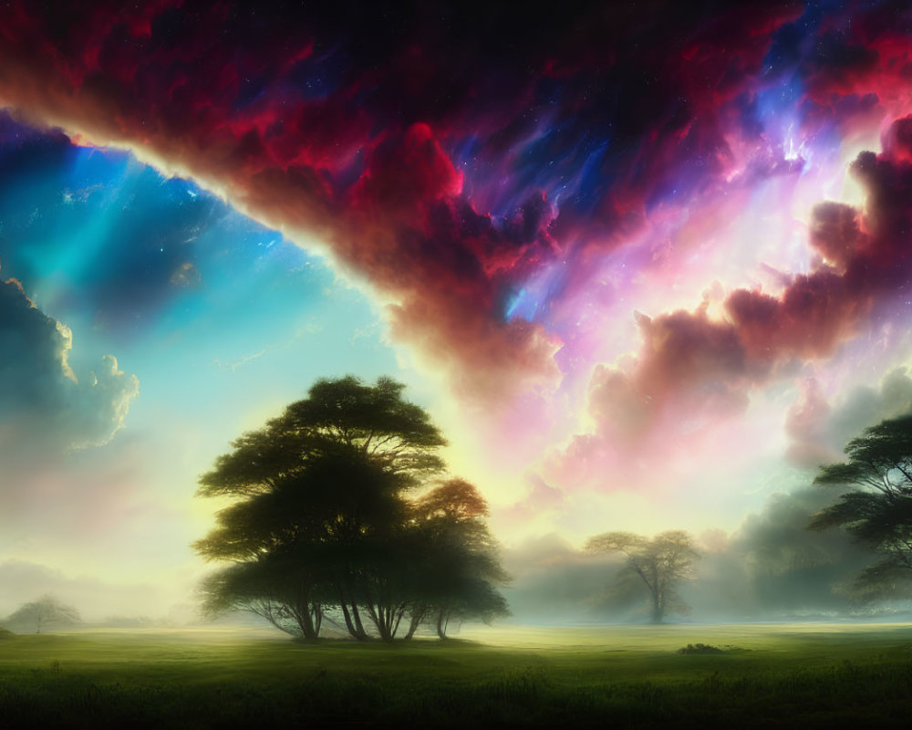 Colorful Landscape with Trees Under Surreal Sky