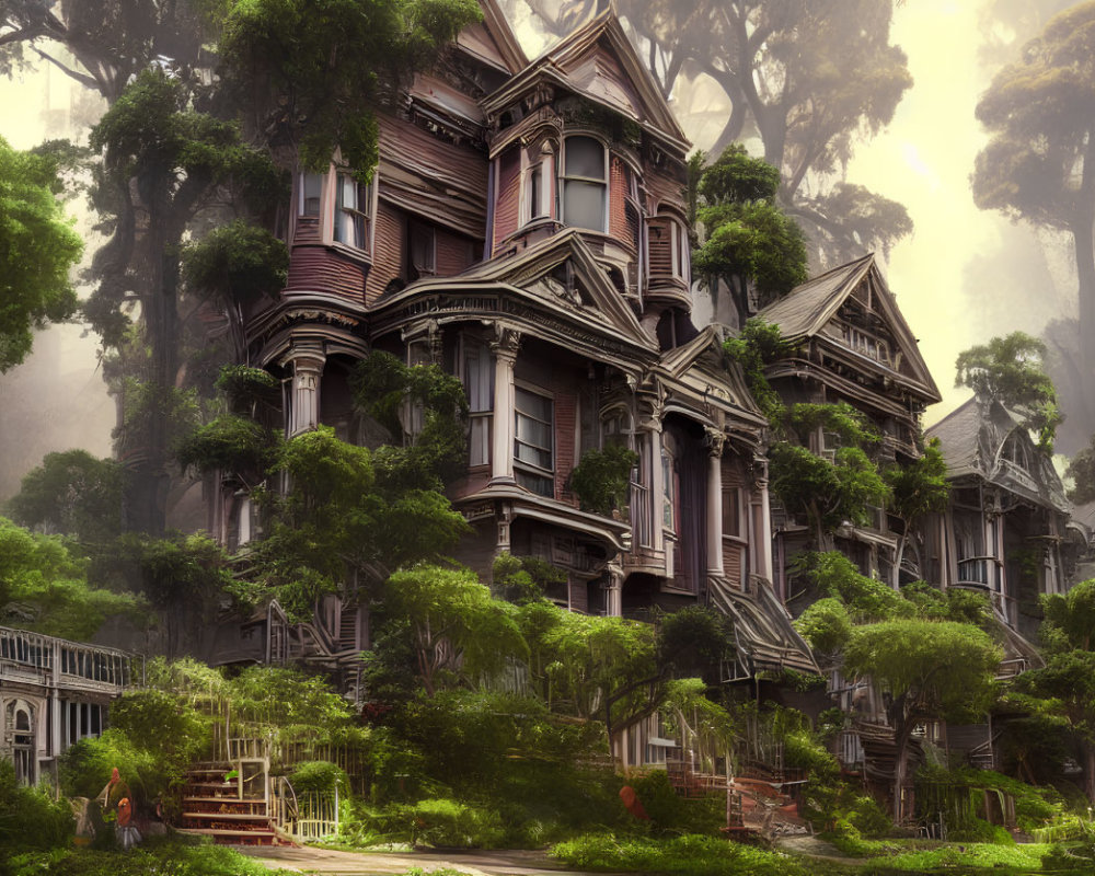 Victorian House in Overgrown Forest with Fog and Explorers