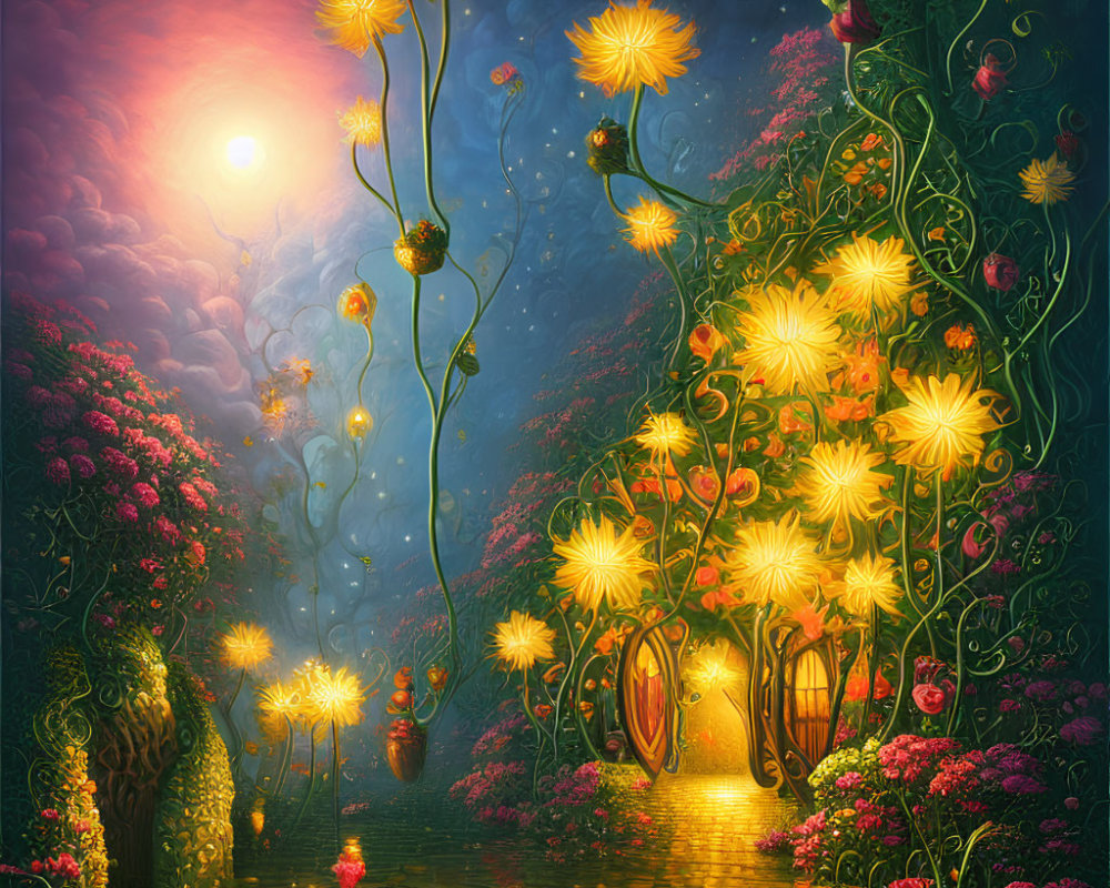 Glowing flowers in fantastical garden with cobblestone path