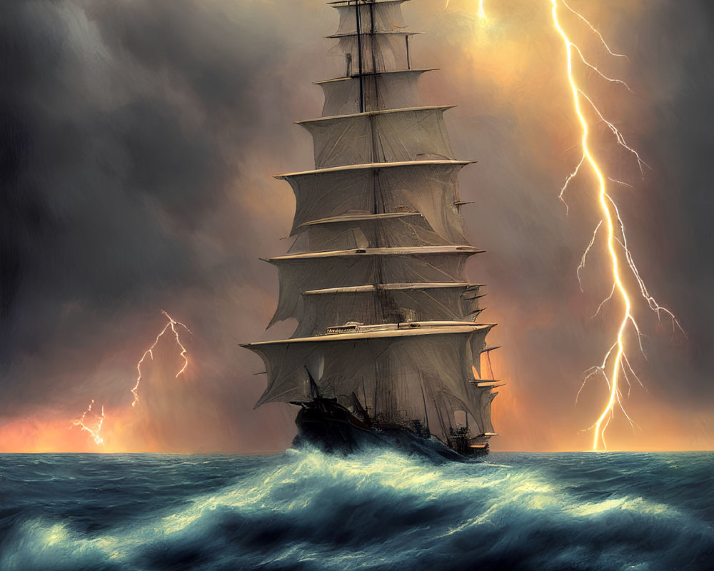 Sailing ship in stormy seas with lightning bolts
