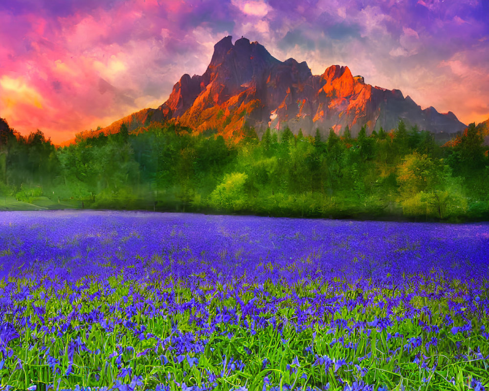 Scenic sunset over mountain range, lake, flowers, and forest