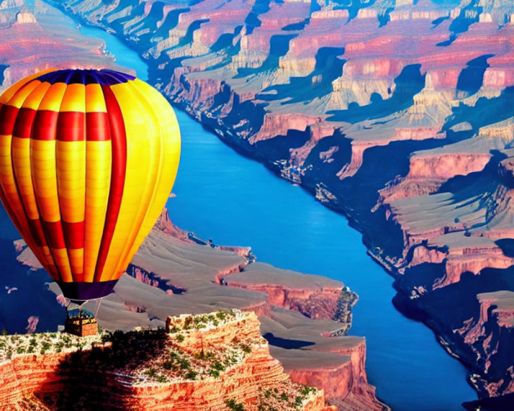 Colorful Hot Air Balloon Over Grand Canyon with Colorado River View