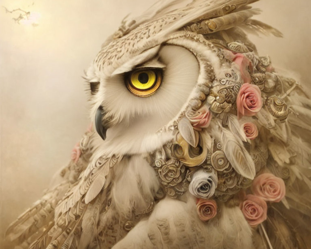 Detailed Owl Artwork with Feather Patterns and Pink Roses on Warm Background