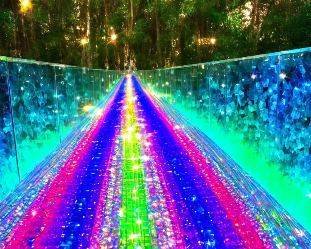 Colorful Lighted Path with Reflective Surfaces and Twinkling Lights in Forest