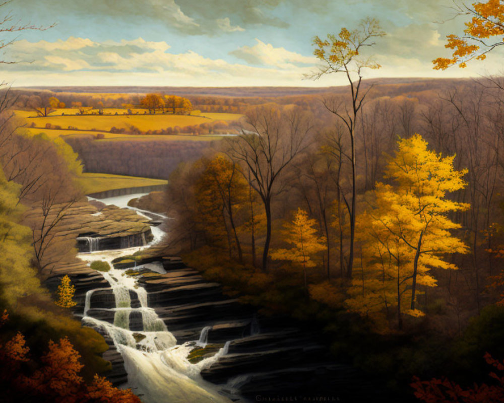 Tranquil autumn landscape with waterfall, colorful foliage, and winding river