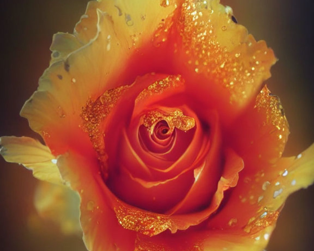 Vibrant orange rose with water droplets on petals