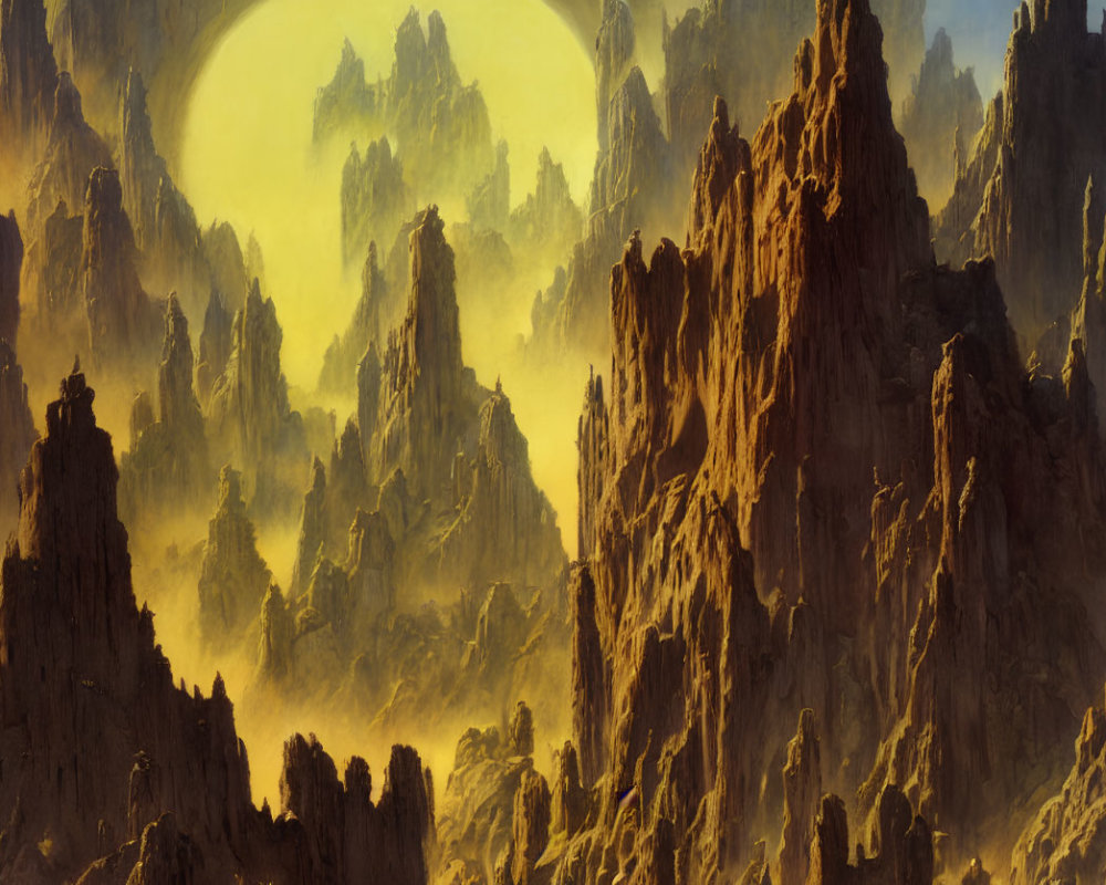 Majestic rock formations under large yellow sun