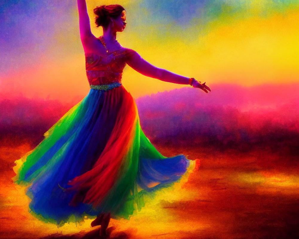 Colorful dancer twirls in vibrant dress against dreamlike backdrop