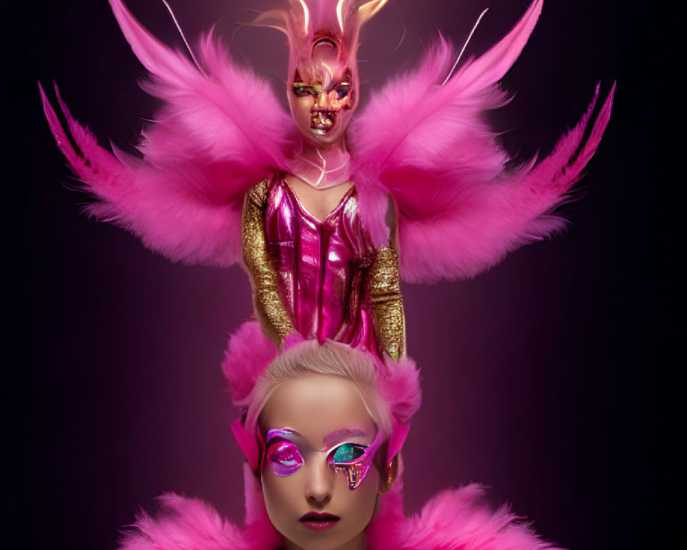Portrait of person in pink and golden costume with flaming crown on dark background