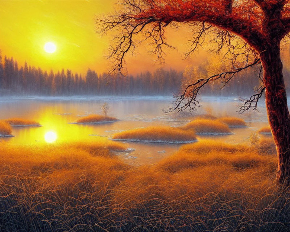 Tranquil sunset scene with misty lake, golden water, and red tree