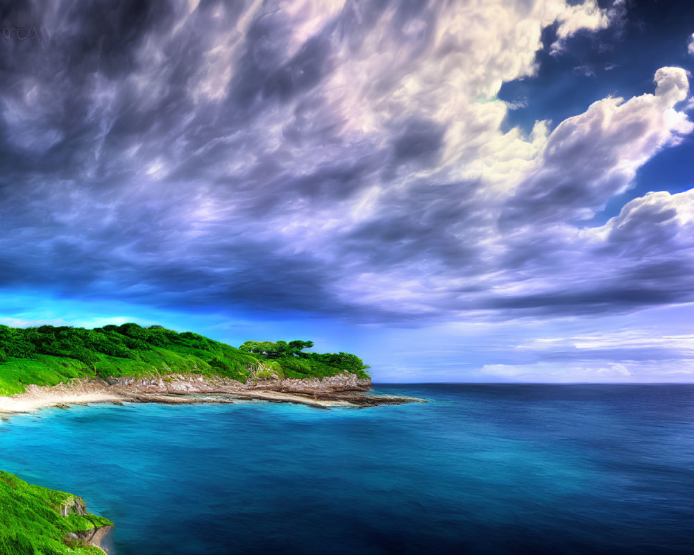 Scenic coastal landscape with lush green cliffs under dramatic sky