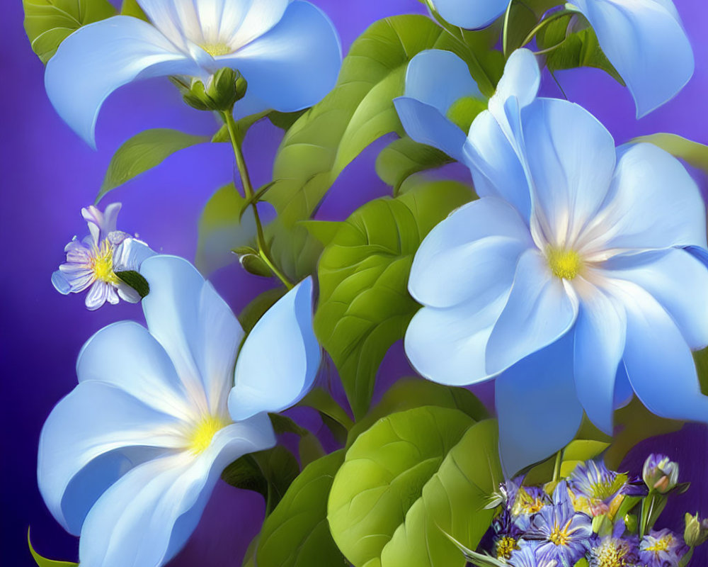 Bright blue flowers with white centers on purple background.