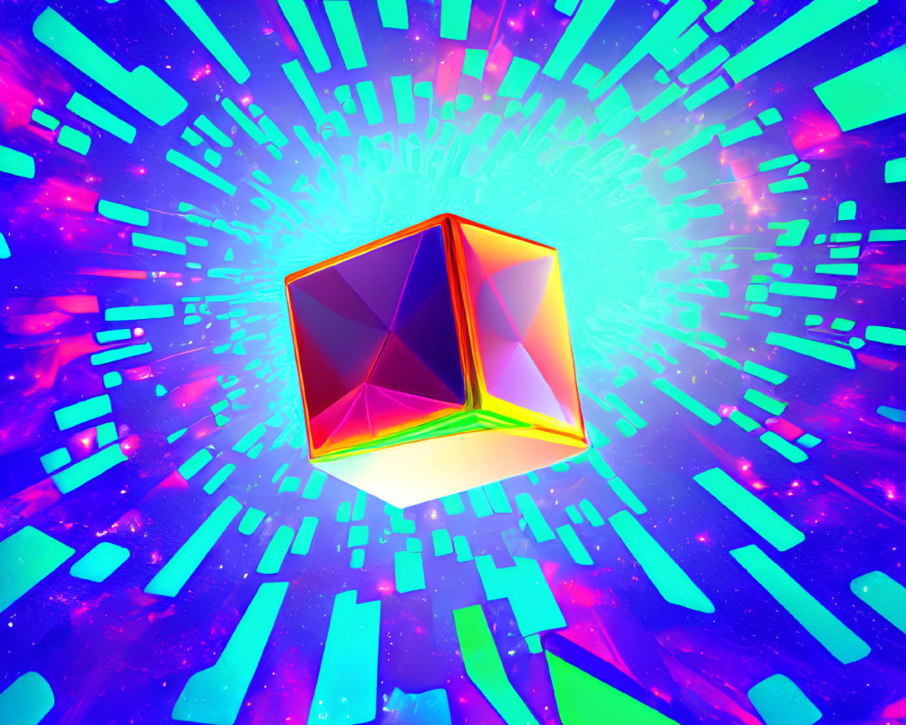 Colorful Neon Abstract Artwork with Iridescent Cube and Bright Rectangles