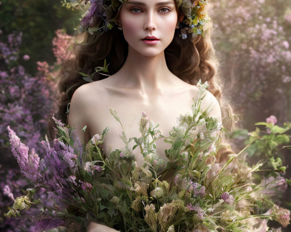 Floral Crown Woman with Lavender Bouquet in Nature