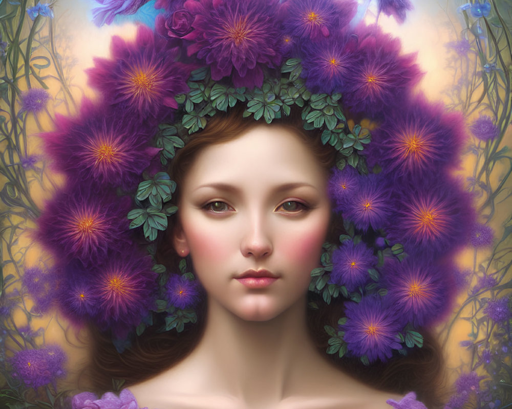 Woman with Radiant Skin Surrounded by Purple Flowers and Greenery