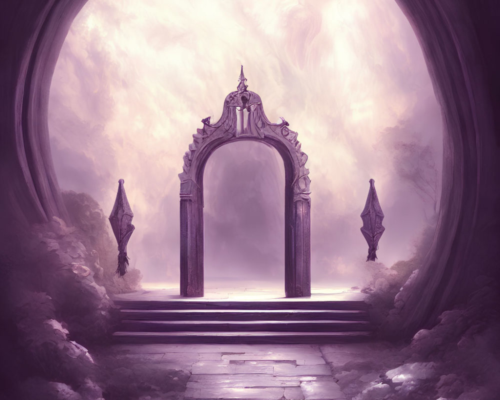 Mystical stone archway framed by swirling purple mists