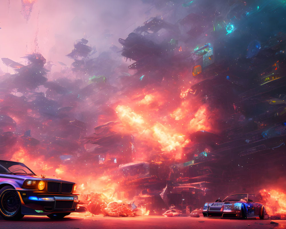 Dystopian scene with debris piles, neon lights, fire, cars, and ominous sky