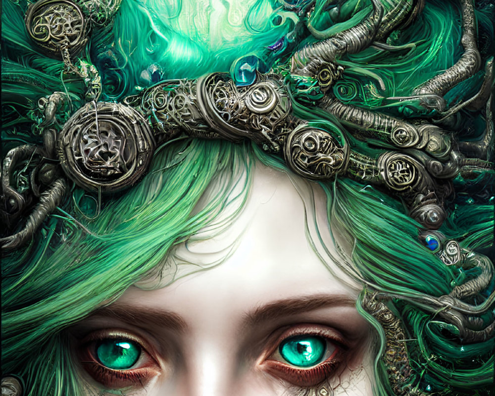 Vibrant digital portrait of woman with green hair and emerald eyes and metallic ornaments in ethereal