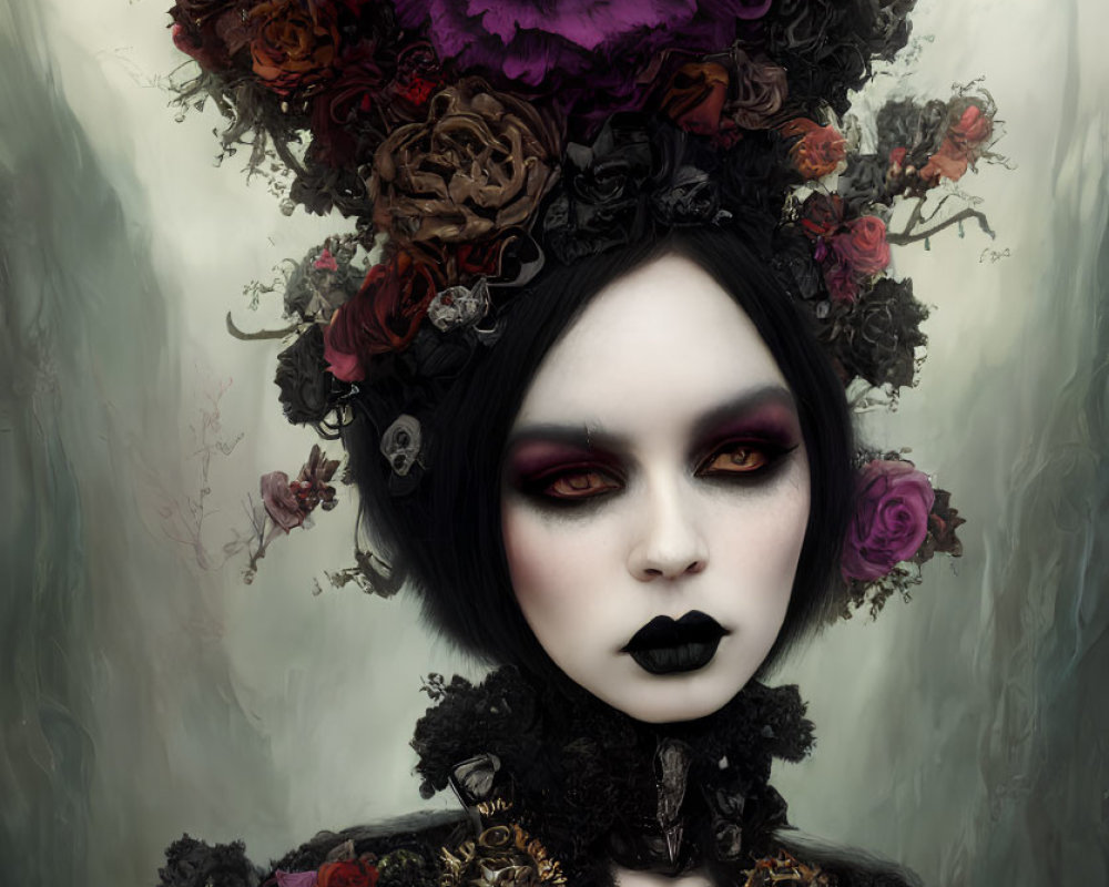 Gothic woman in dark corset with elaborate headdress in mystical setting