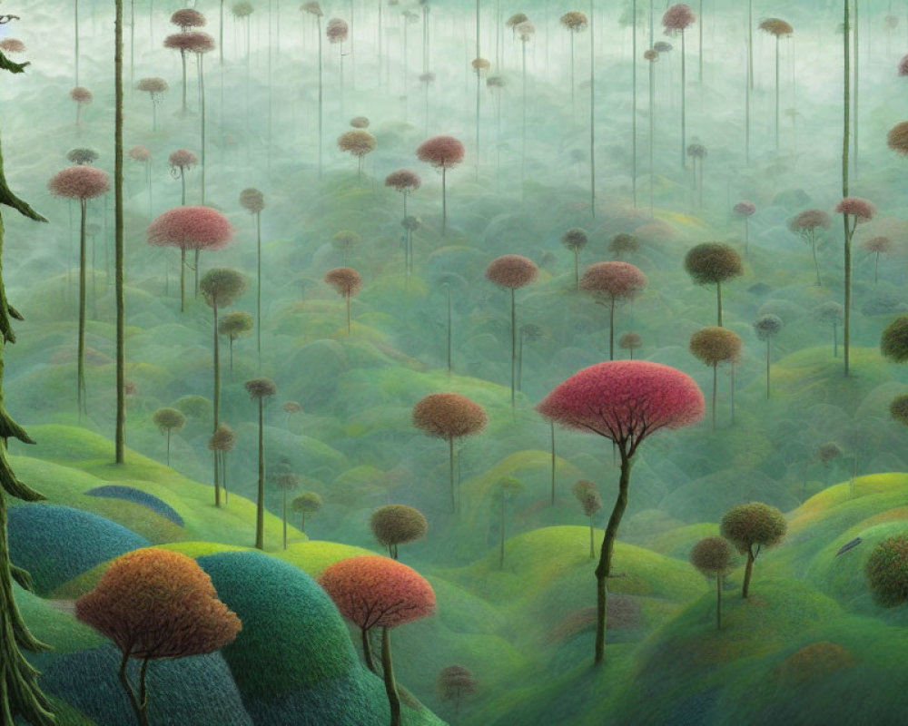 Fantastical forest with colorful, fluffy canopies
