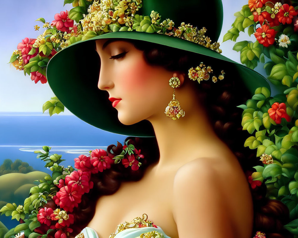 Woman with Red Cheeks in Green Floral Hat, Gold Earrings, Greenery Background