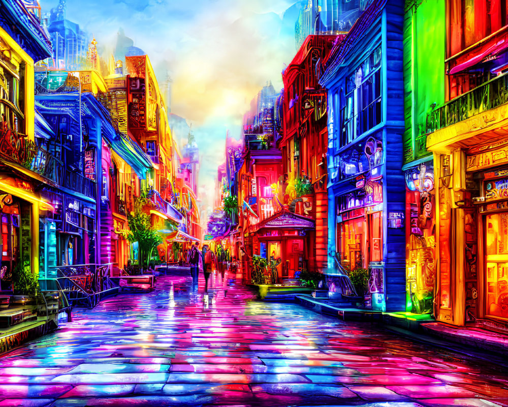 Colorful street scene with eclectic architecture and luminous sky