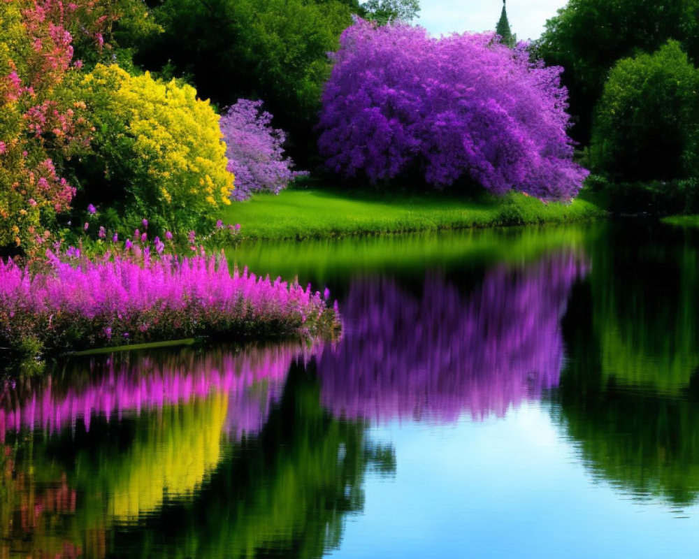 Colorful landscape with purple and pink trees by tranquil lake