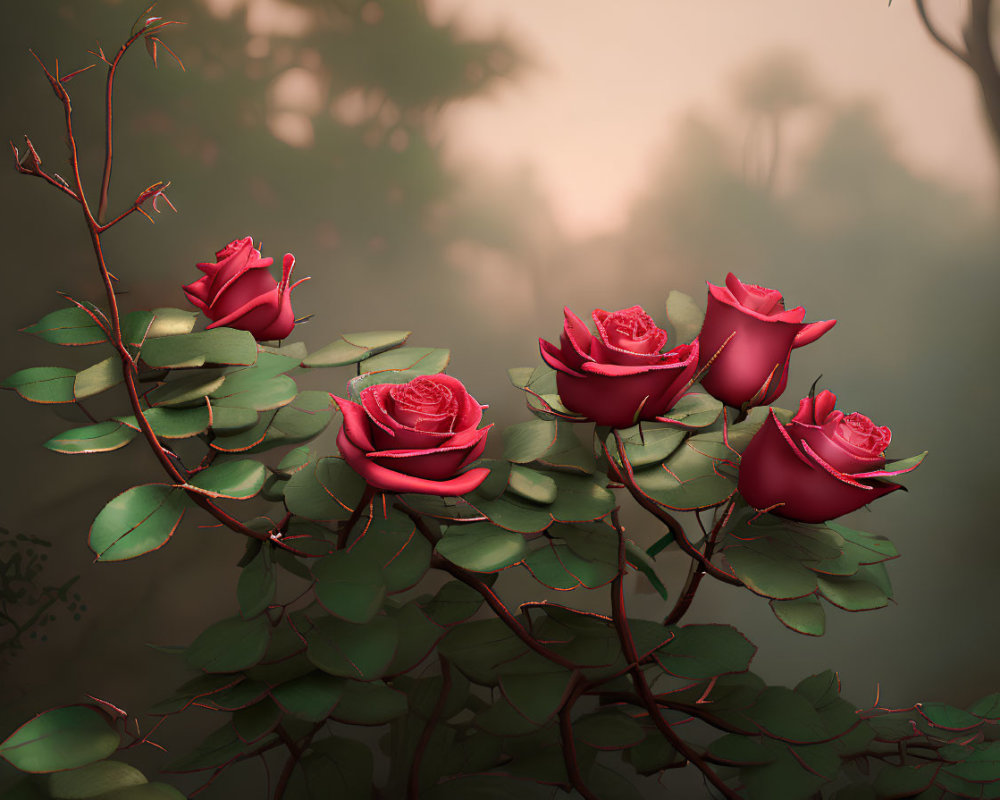 Red Roses in Foreground with Misty Sunrise and Forest Background
