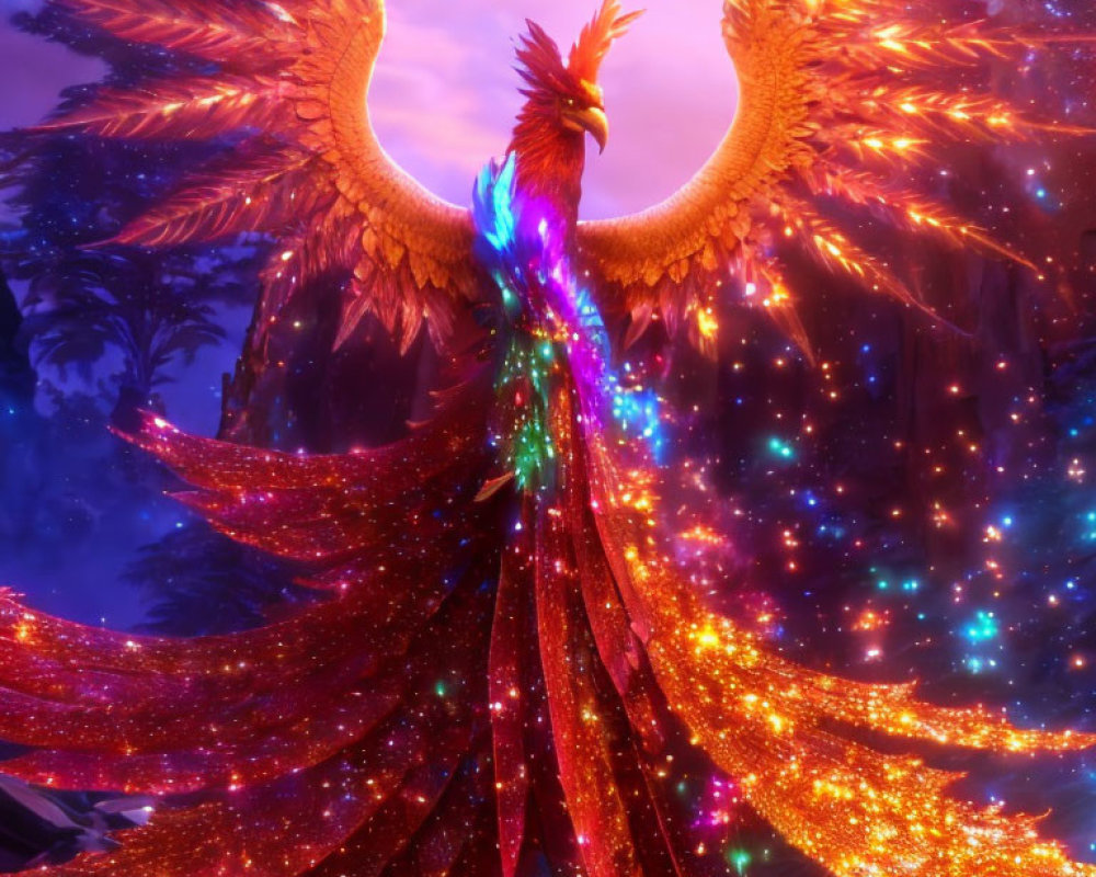 Colorful Phoenix with Fiery Wings in Twilight Forest