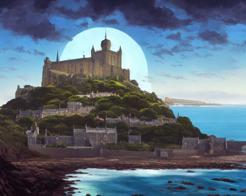 Majestic castle on lush hill overlooking sea