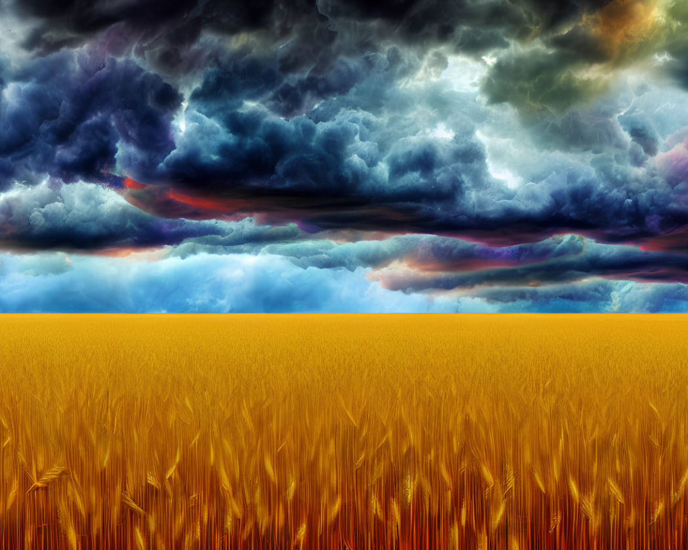 Golden Wheat Field Under Multicolored Storm Clouds