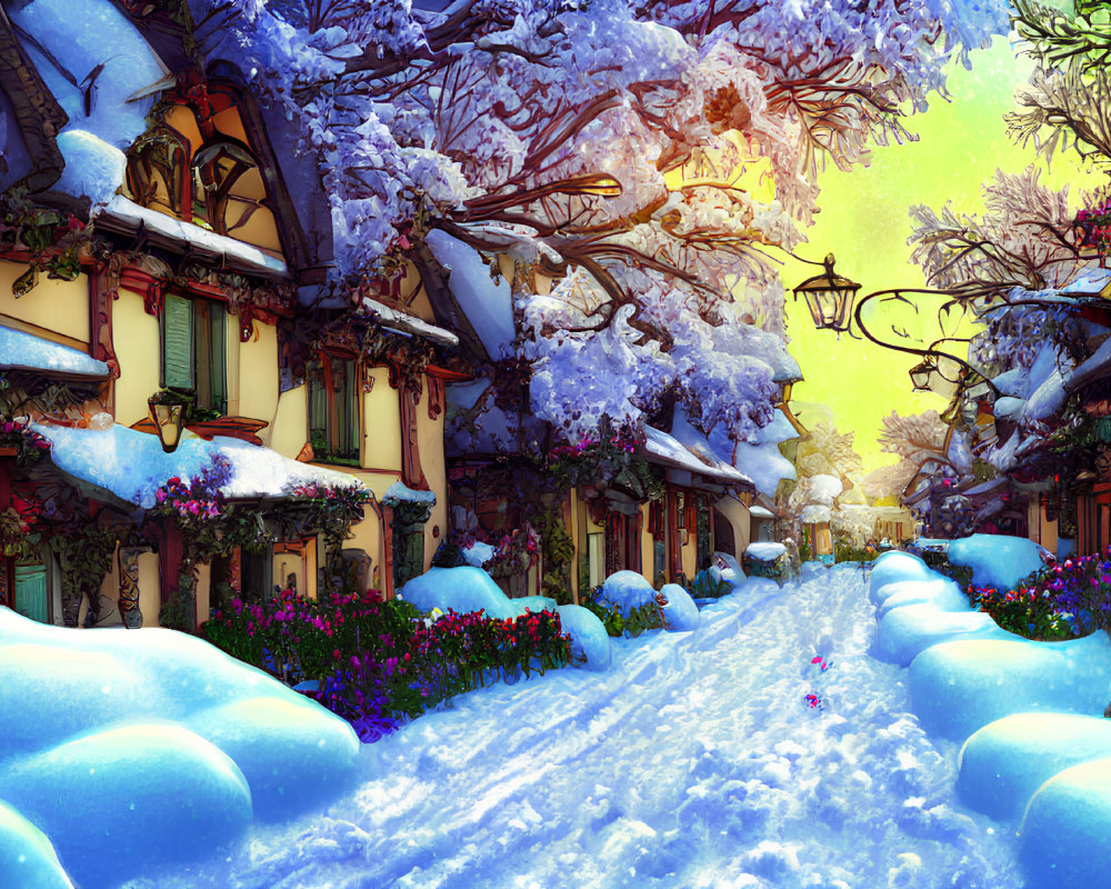 Snowy Village Street with Quaint Houses and Snow-Laden Trees
