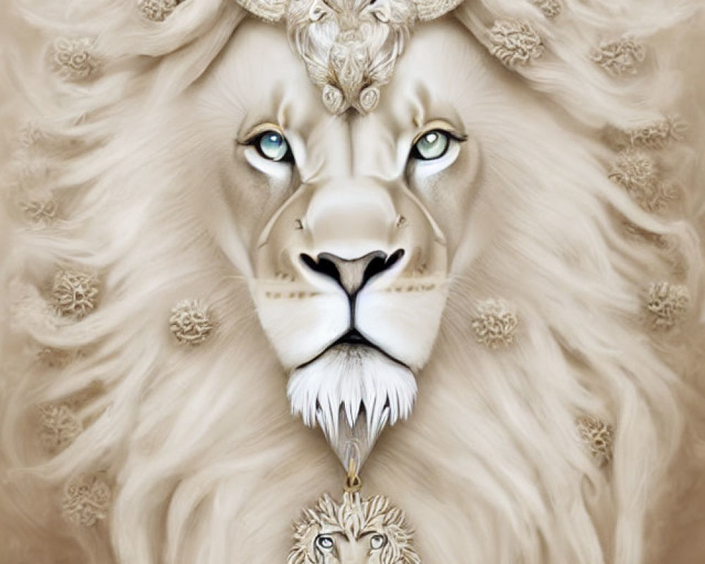 Illustration of majestic lion with blue eyes and ornate headdress