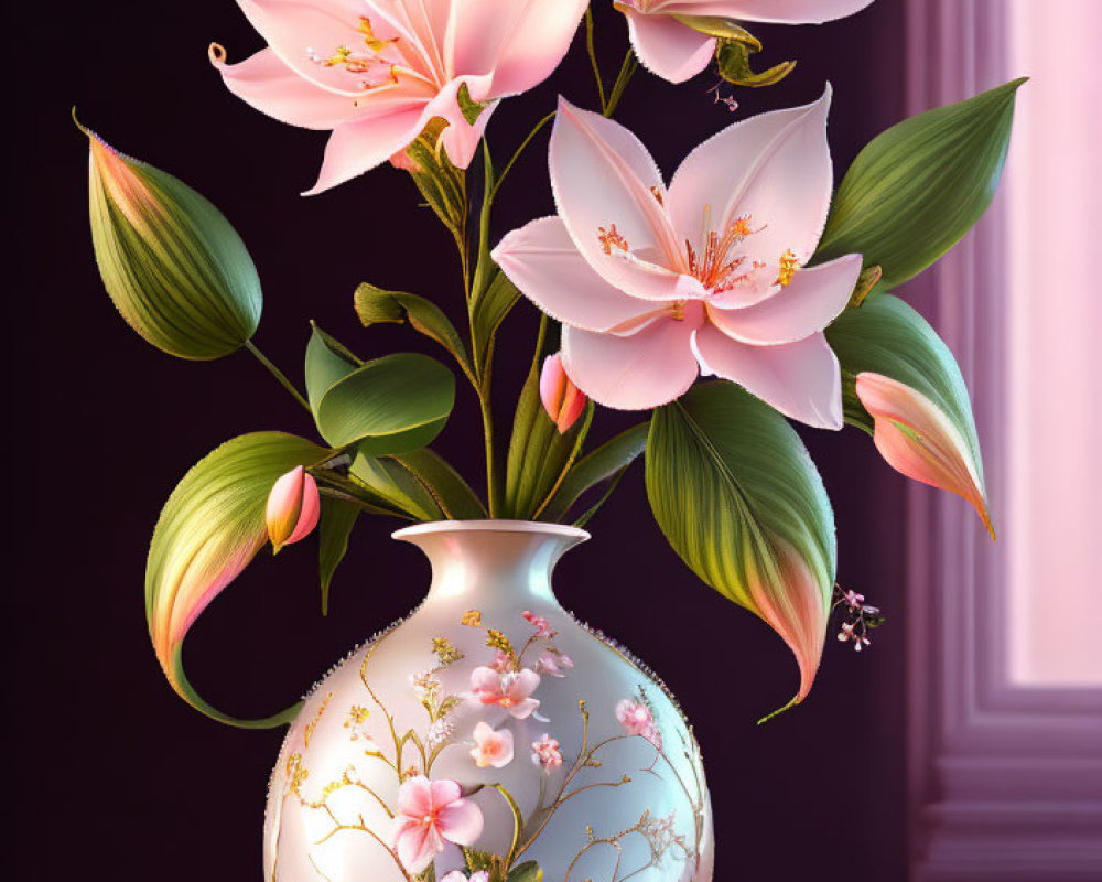 White ornate vase with pink lilies on dusky pink backdrop