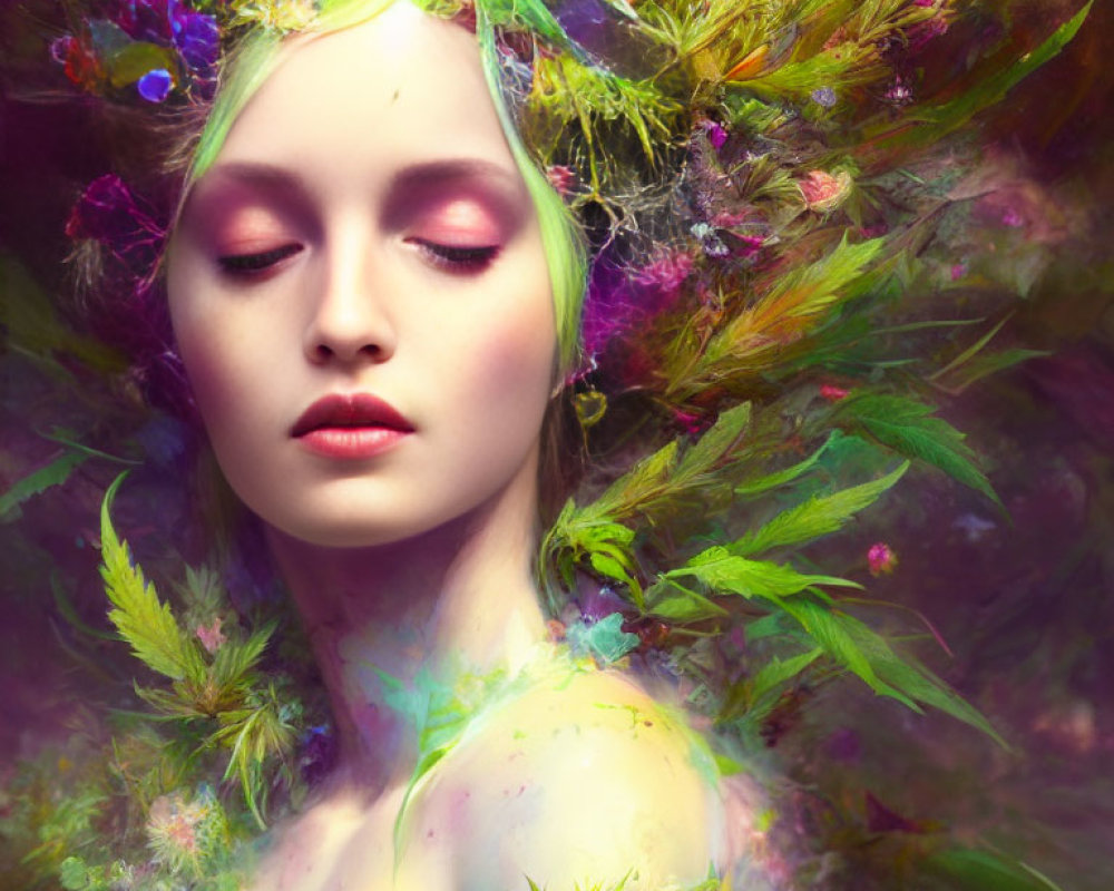 Colorful portrait of person with closed eyes surrounded by vibrant flowers and foliage
